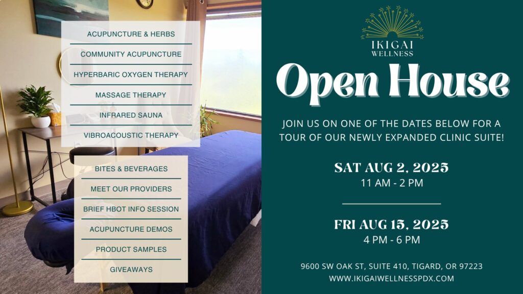 Open House title on a green backdrop and a photo of treatment table on the side.