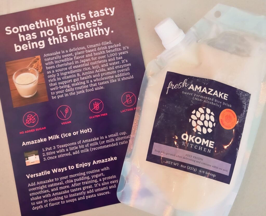 Photo of amazake drink pouch and a detailed flyer about its ingredients